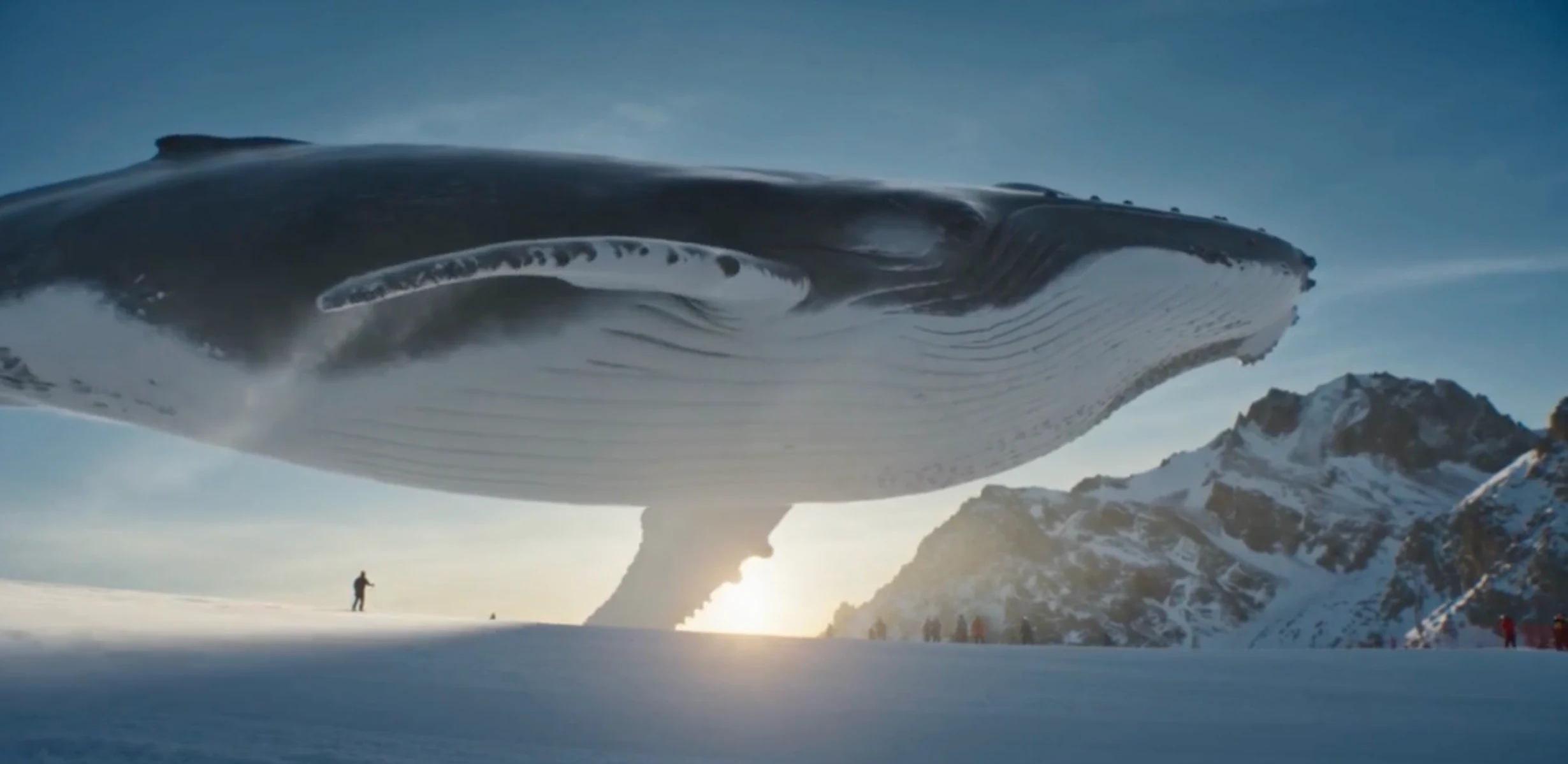 A colossal whale floating above creators and snow-covered mountains at sunrise